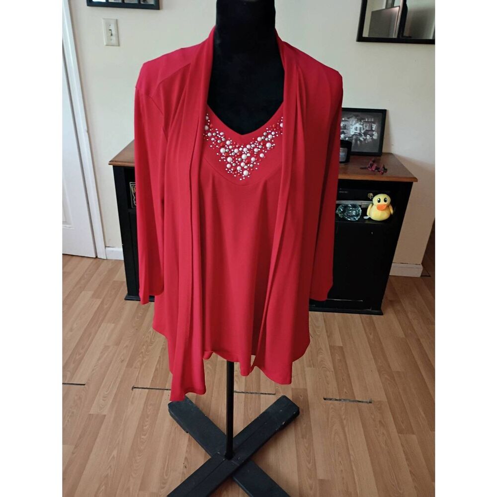 Medium Susan Graver Artisan Red 2 Piece Embellished Tank Top Over Shirt Blouse
